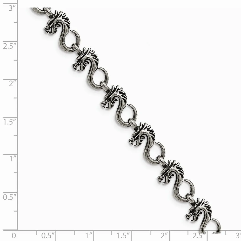 Stainless Steel Antiqued and Polished Dragon 7.5in Bracelet