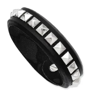 Stainless Steel Black Leather w/Studs 7.75in Adjustable Bracelet
