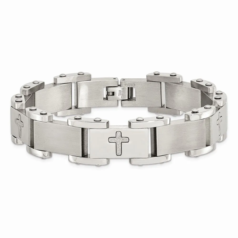 Stainless Steel Laser Cut Crosses 8.75in Bracelet
