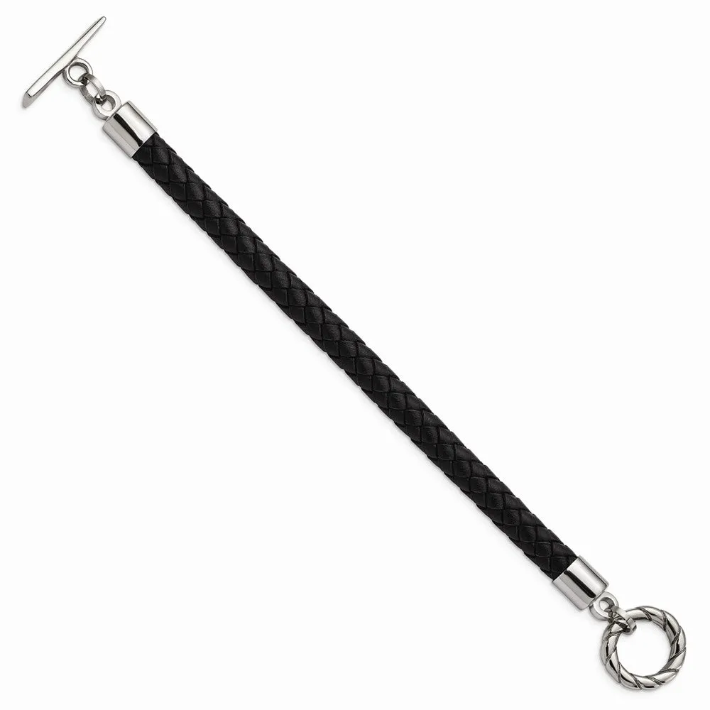 Stainless Steel Leather Polished Toggle Bracelet