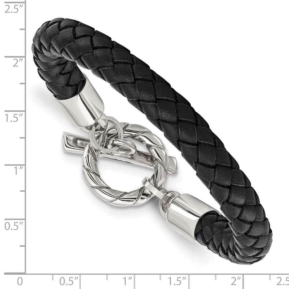 Stainless Steel Leather Polished Toggle Bracelet