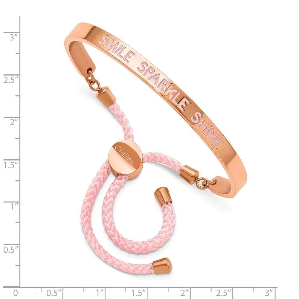 Stainless Steel Polished Rose IP Pink Enamel & Nylon SMILE. Adj Bangle
