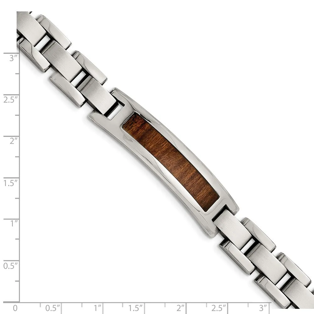 Stainless Steel Polished/Brushed Brown Wood Enameled Bracelet