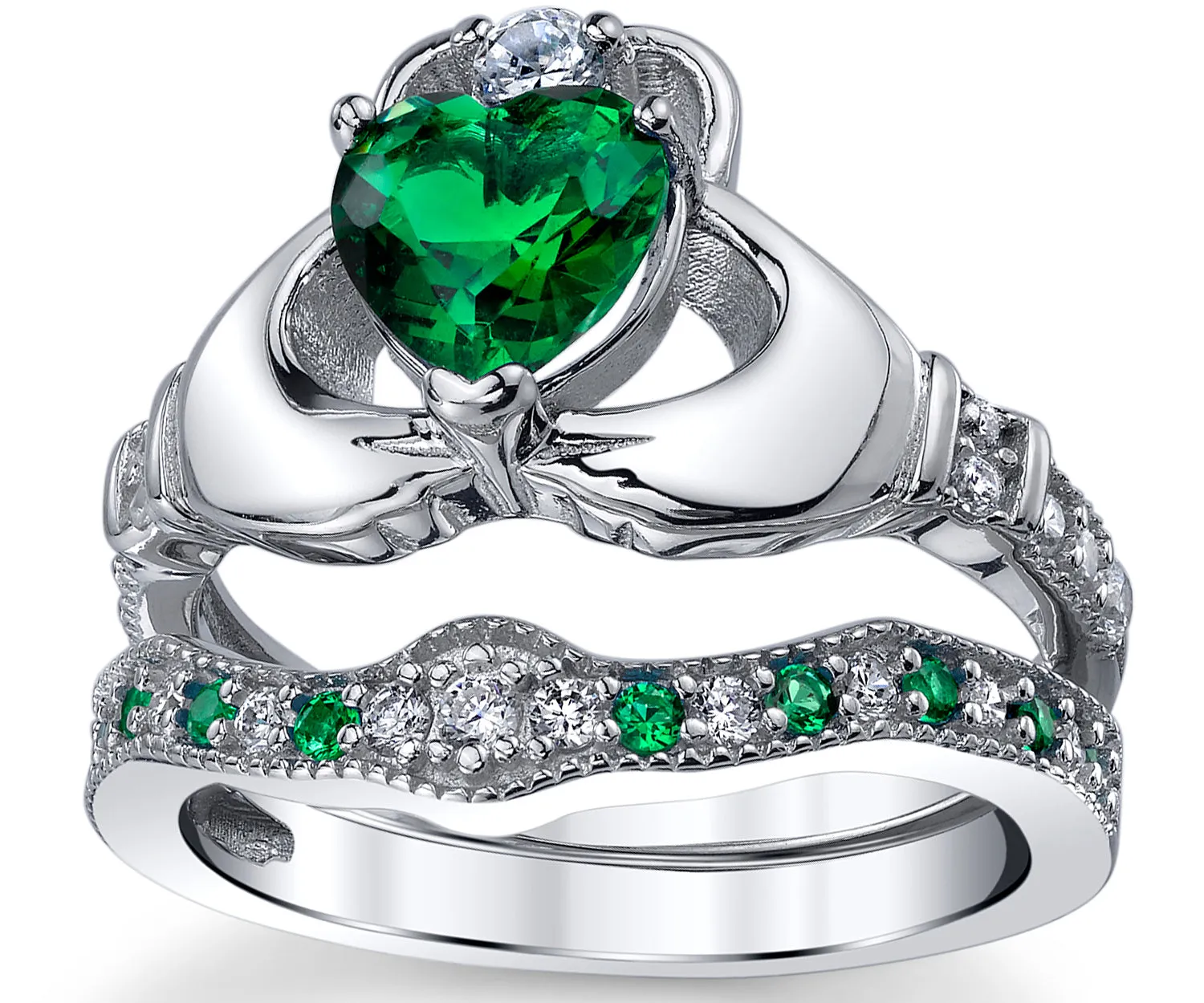 Sterling Silver 925 Heart Shape Claddagh Engagement Ring Wedding Bridal Sets with Green Simulated Emerald Cubic Zirconia