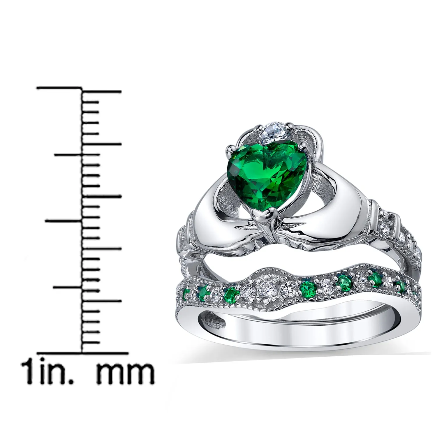 Sterling Silver 925 Heart Shape Claddagh Engagement Ring Wedding Bridal Sets with Green Simulated Emerald Cubic Zirconia