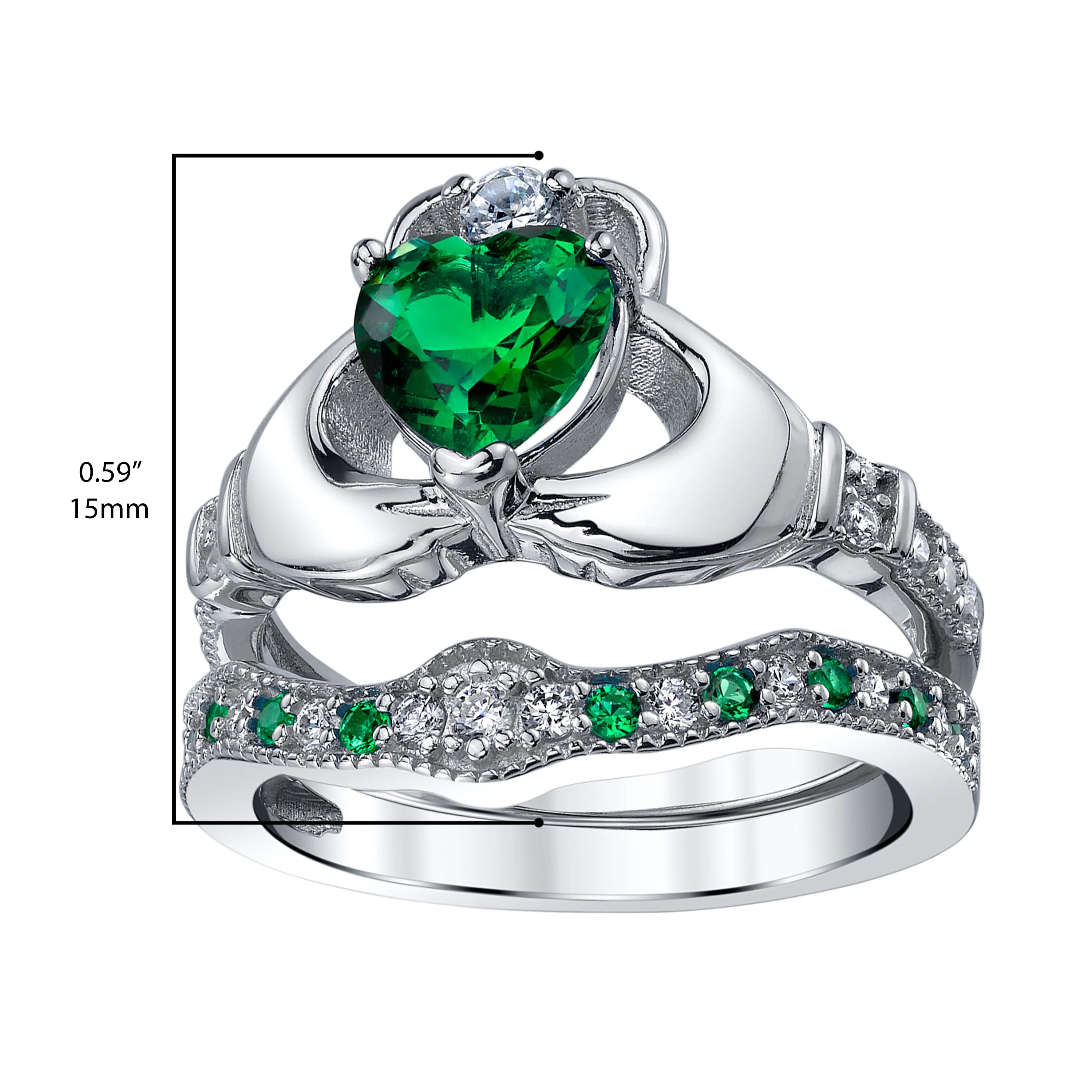 Sterling Silver 925 Heart Shape Claddagh Engagement Ring Wedding Bridal Sets with Green Simulated Emerald Cubic Zirconia
