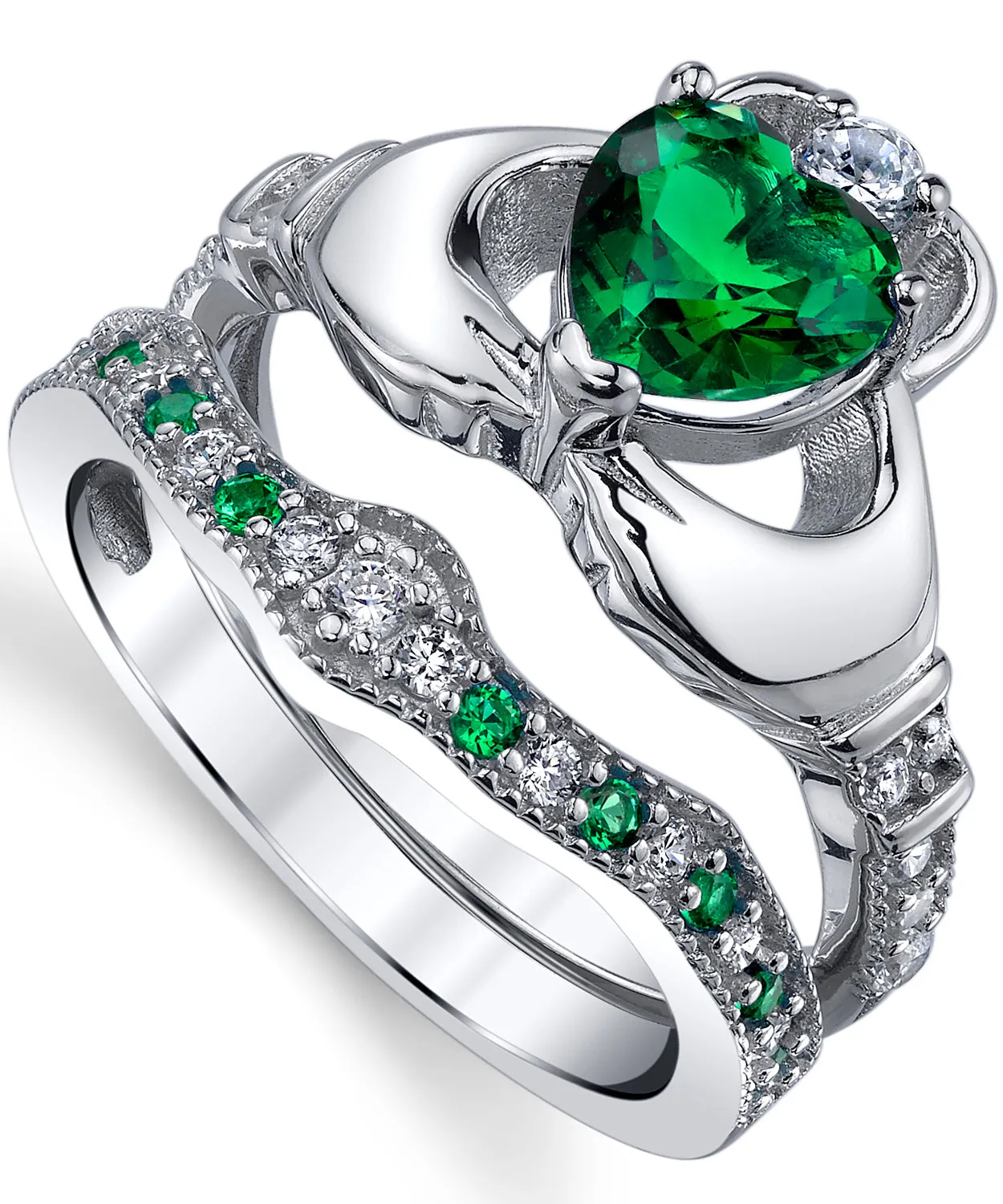 Sterling Silver 925 Heart Shape Claddagh Engagement Ring Wedding Bridal Sets with Green Simulated Emerald Cubic Zirconia