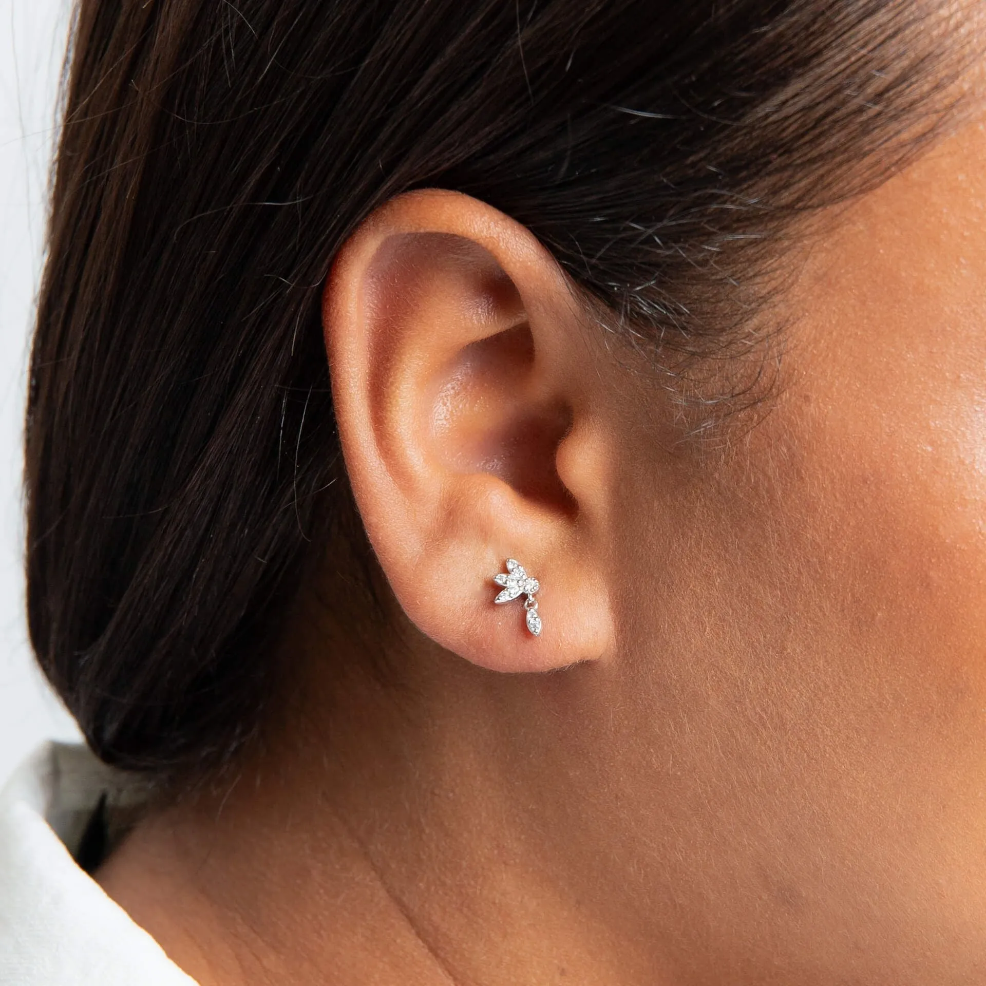 Sterling Silver Hanging Petal CZ Stud Earrings