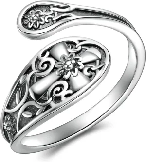 Sterling Silver Spoon Ring for Women Bee Cross Vintage Adjustable Bees Flower Spoon Rings for Thumb Rings Jewelry Gifts for Mom Grandma (Bee)