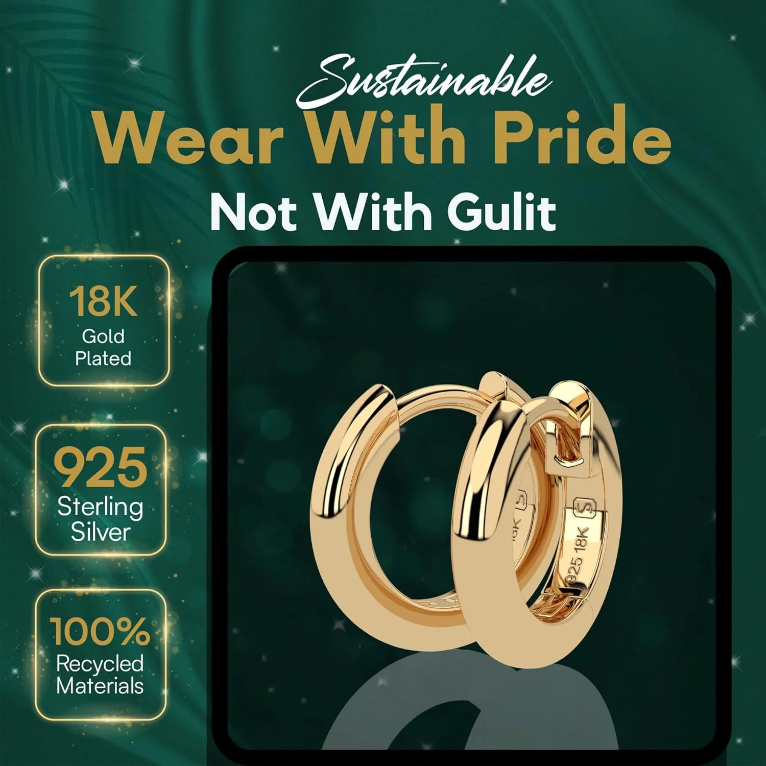 Sustainable Jewelry By SAKAR | 18k Gold Plated | 925 Sterling Silver - 18k Gold Huggie Hoop Earrings - Gold Earrings Women - Small Gold Hoop Earrings for Women - Gold Jewelry - (14 mm Diameter, GOLD)