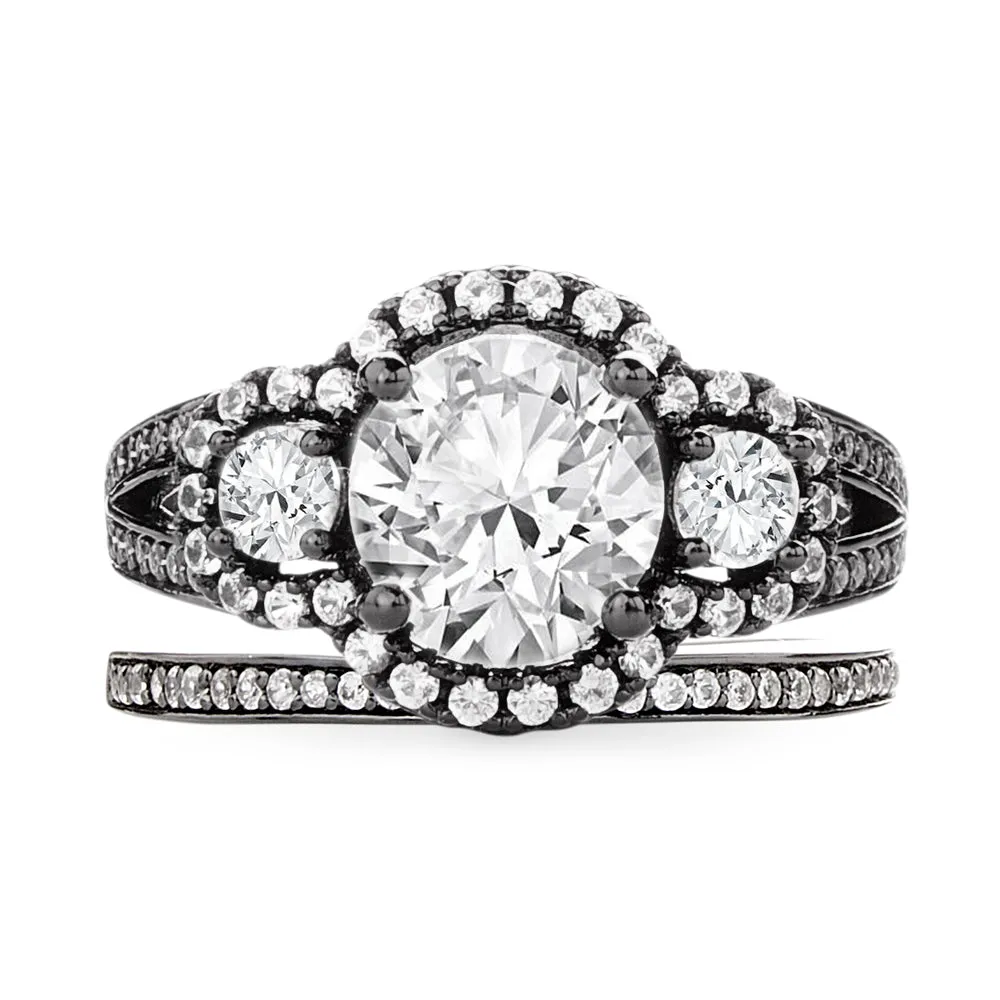 Trinity Three Stone Eternity Round Cut Sterling Silver Ring Set in Black Gold