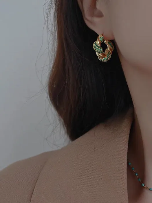 Vintage Styled Braided Earrings - Green Stones