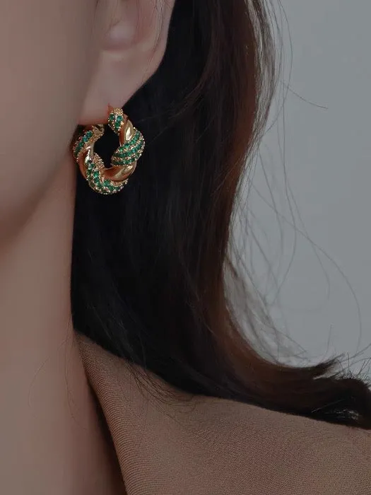 Vintage Styled Braided Earrings - Green Stones